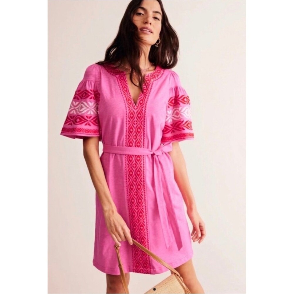 Boden Summer Embroidered V Neck Flutter Sleeves Boho Pink Relaxed Mini Dress 6L